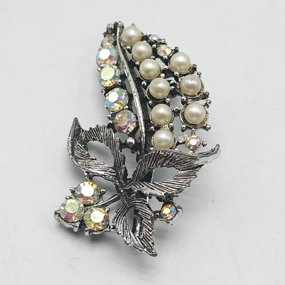 Vintage Leaf Brooch With Faux Pearls Clear AB Rhinestones Mid Century